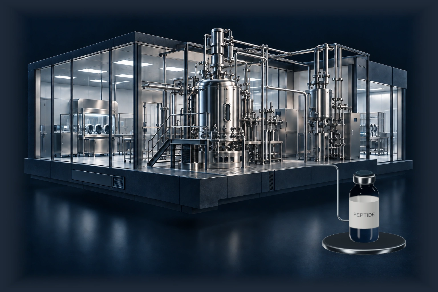 Conceptual cleanroom manufacturing scene with a specimen vial